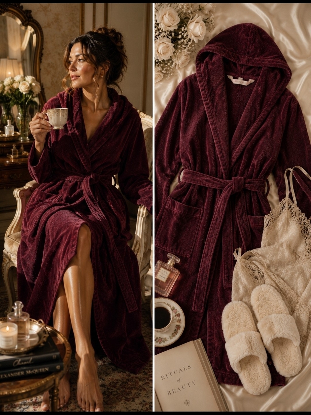 Vintage Victoria's Secret Burgundy Velour Hooded Robe Rare Plush Luxury Wine